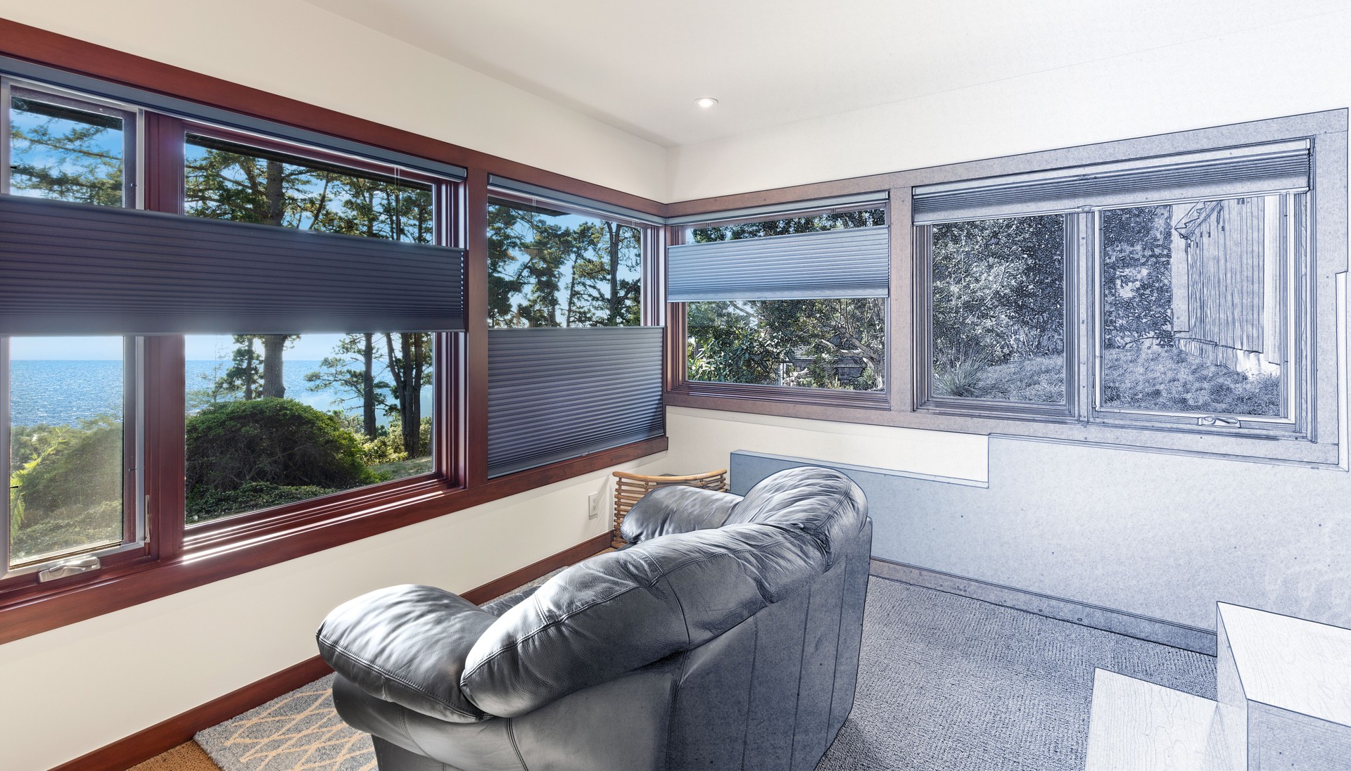 Window treatments - Home interior remodel construction with blueprint line drawing transition to blend fade into finished project